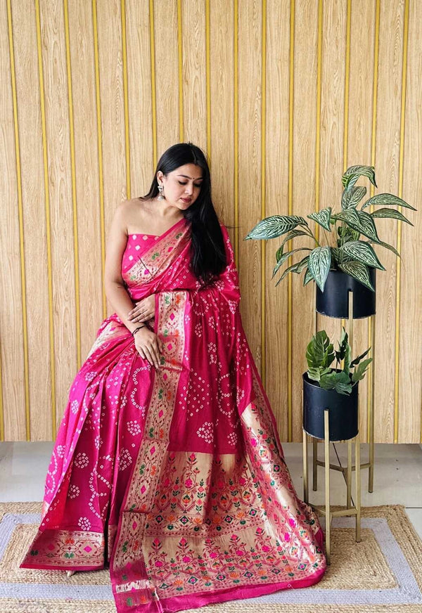 Dusty pink premium paithani bandhej silk bandhani saree with zari weaving work