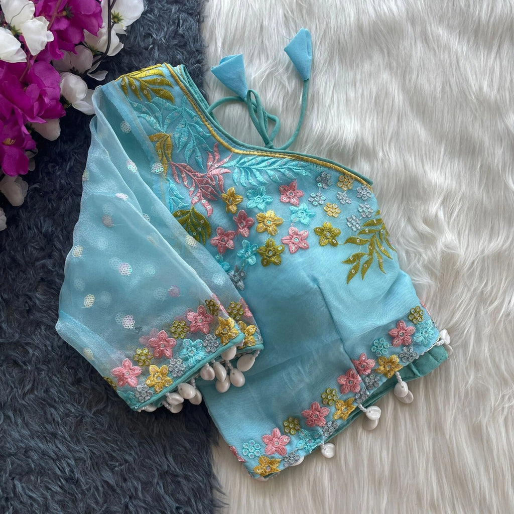Sky blue fancy heavy net readymade blouse with embroidery work
