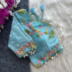 Sky blue fancy heavy net readymade blouse with embroidery work