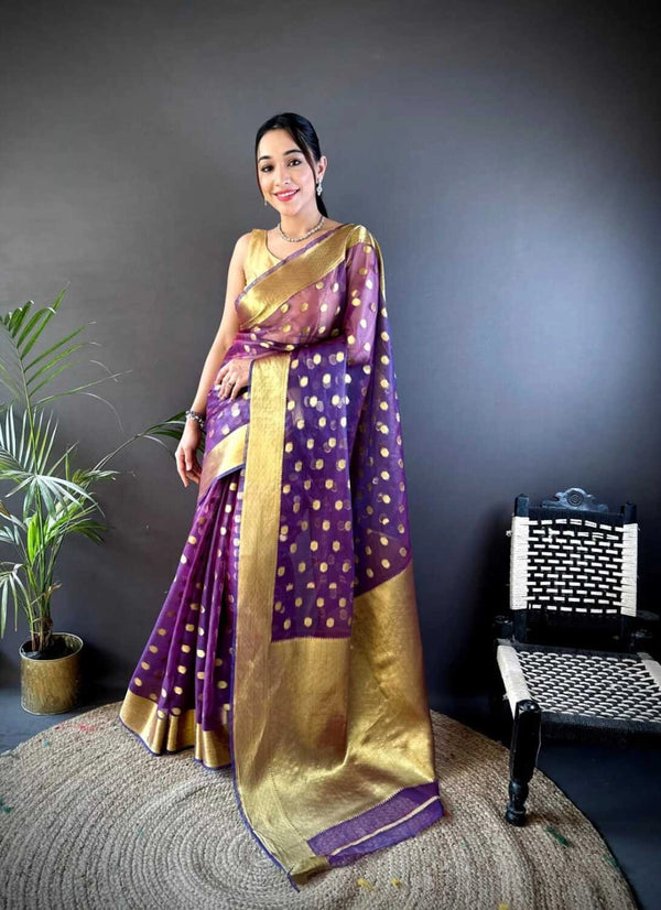 Purple latest organza silk saree with zari weaving work