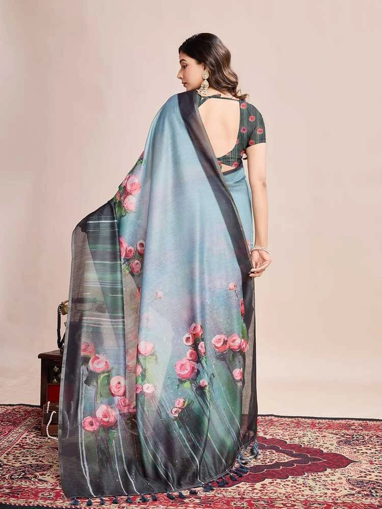 Gray soft linen cotton saree with floral printed work