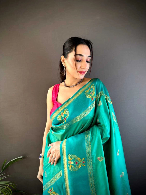 Rama green traditional paithani silk saree with meenakari zari weaving work