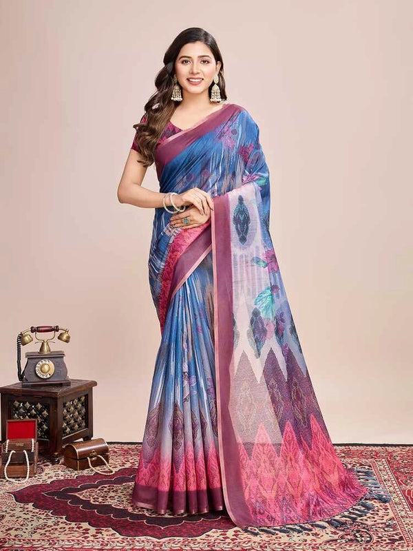 Blue soft linen cotton saree with floral printed work