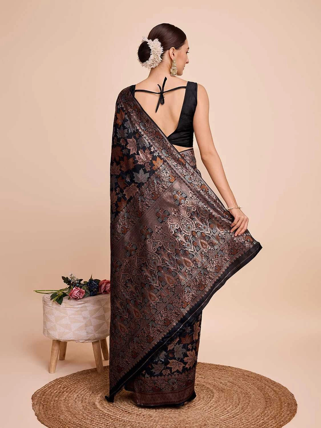 Golden & copper zari weaving with black color soft silk banarasi saree