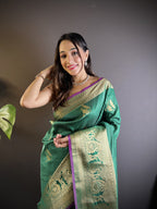 Green kanchipuram silk saree with golden zari weaving work