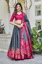 Gray and pink color dola silk lehenga with patola printed work