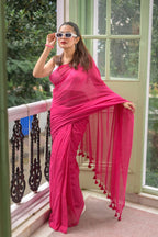 Pink plain khadi cotton saree with fancy tassel work