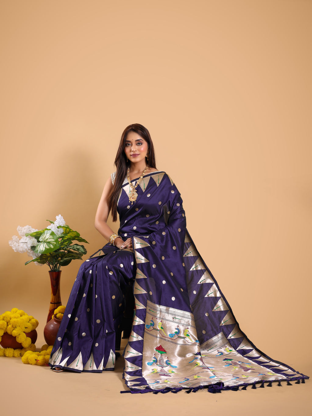 Navy blue color paithani silk saree with zari weaving work