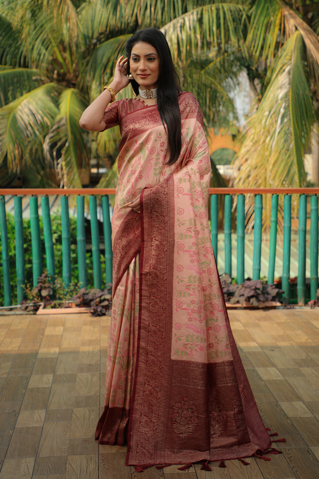 Peach color kanjivaram silk saree with zari weaving work