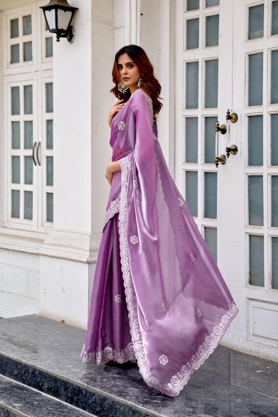 Lavender fancy shimmer chiffon saree with embroidery work