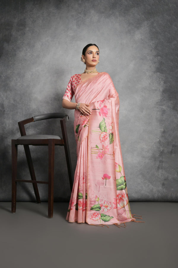Peach color soft tussar silk saree with lotus floral printed work&nbsp;