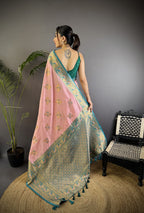 Baby pink traditional banarasi silk saree with zari weaving work