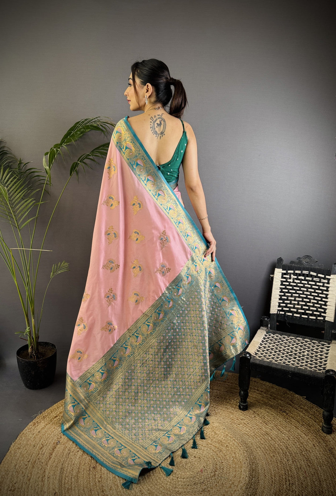 Baby pink traditional banarasi silk saree with zari weaving work
