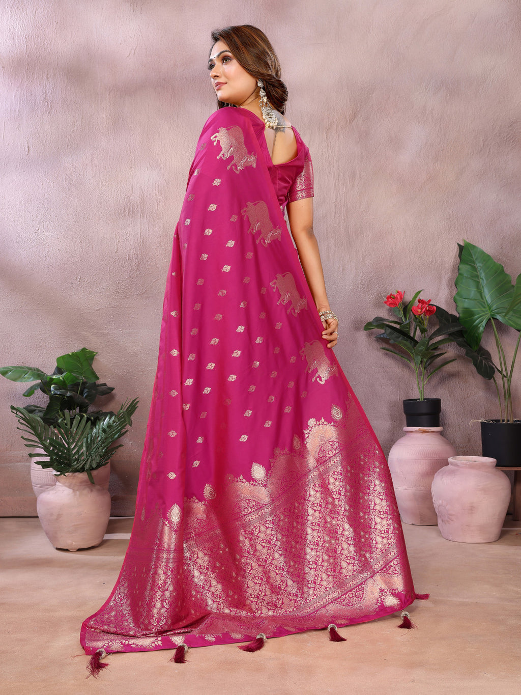 Dark pink traditional banarasi silk saree with zari weaving work