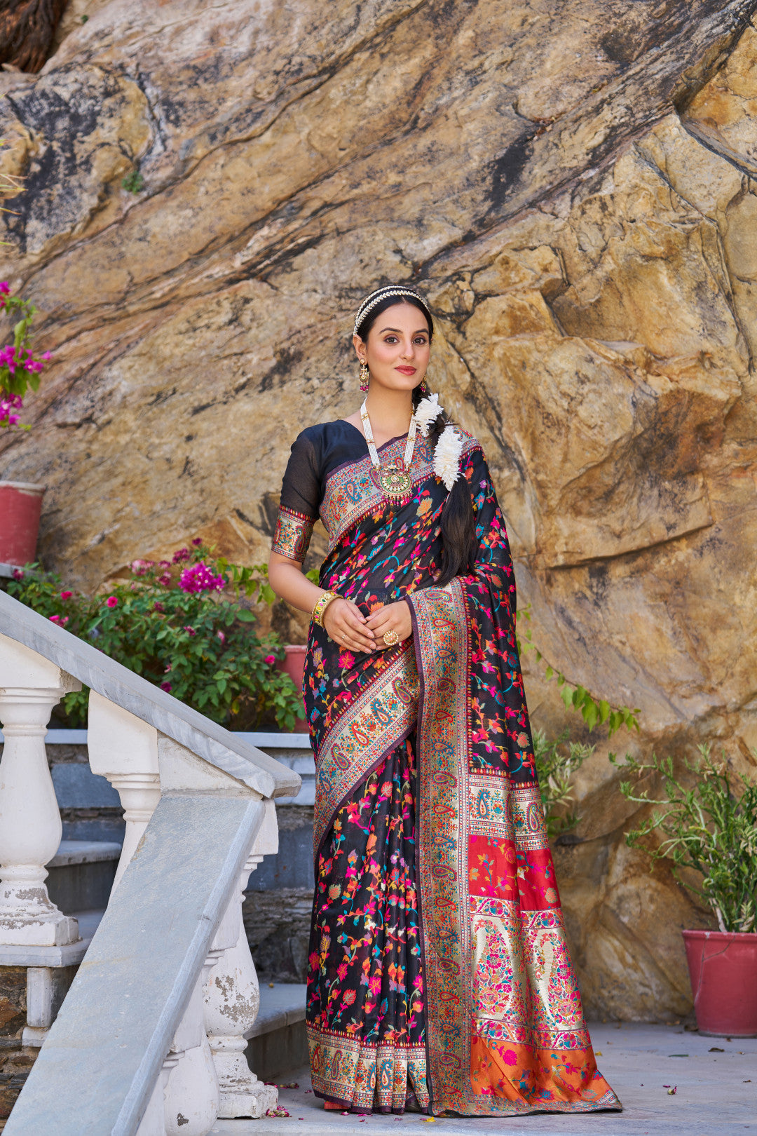 Black color banarasi silk saree with zari weaving work