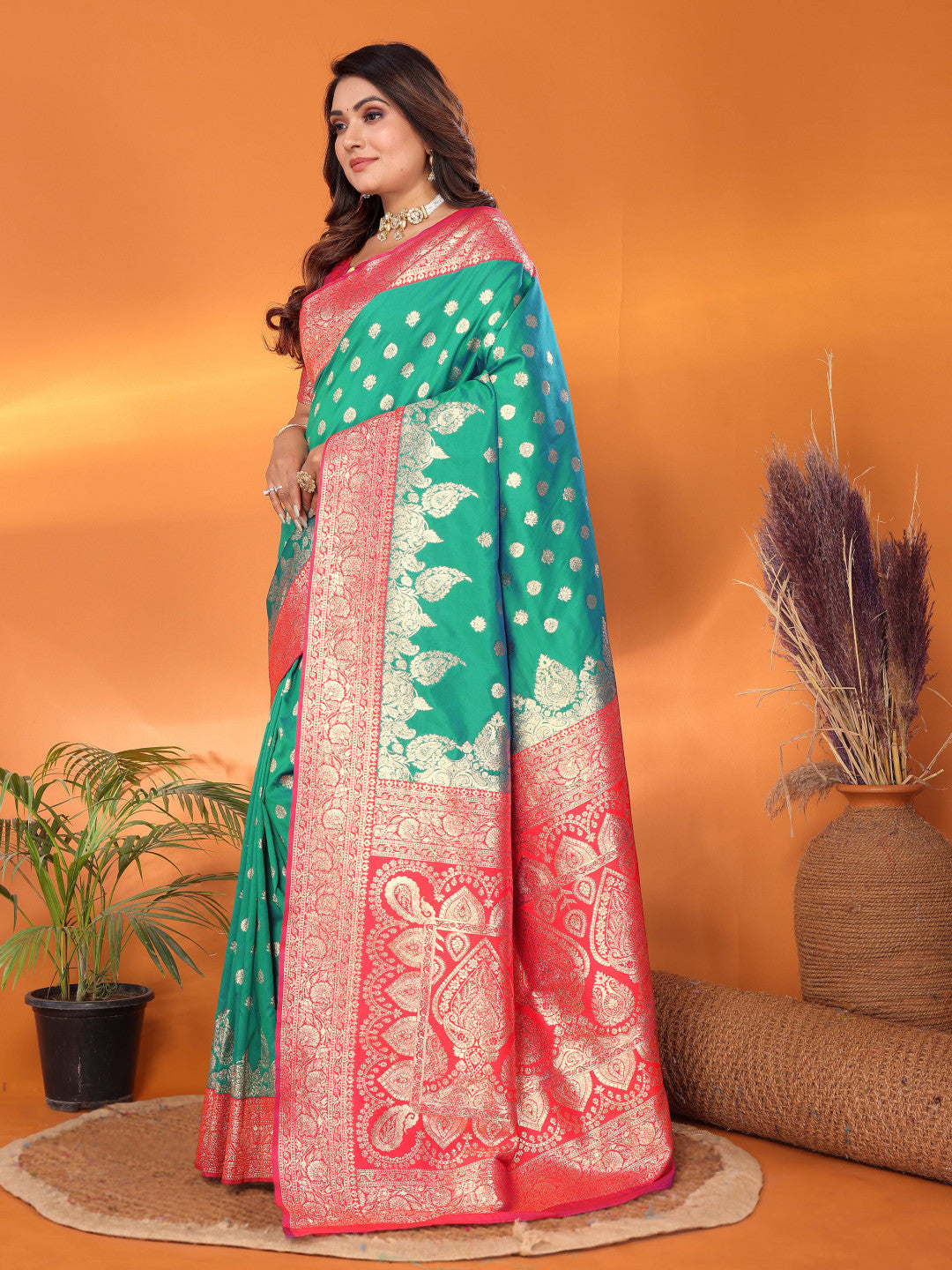 Rama green traditional banarasi silk saree with zari weaving work