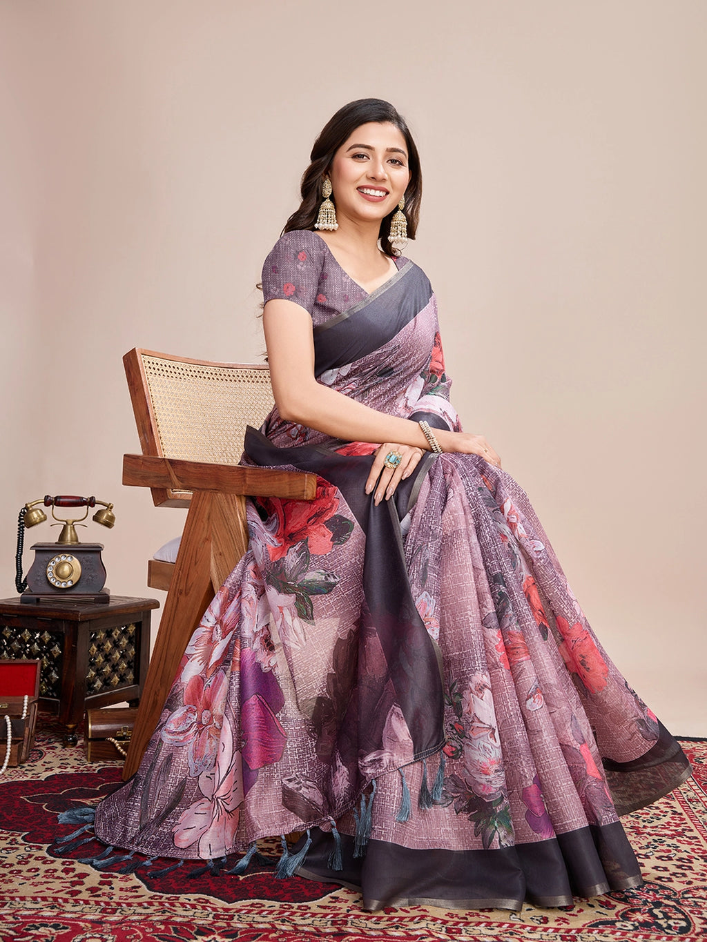 Fancy Multi soft linen cotton saree with floral printed work