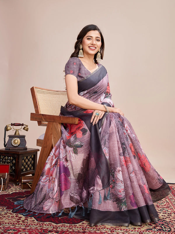 Fancy Multi soft linen cotton saree with floral printed work