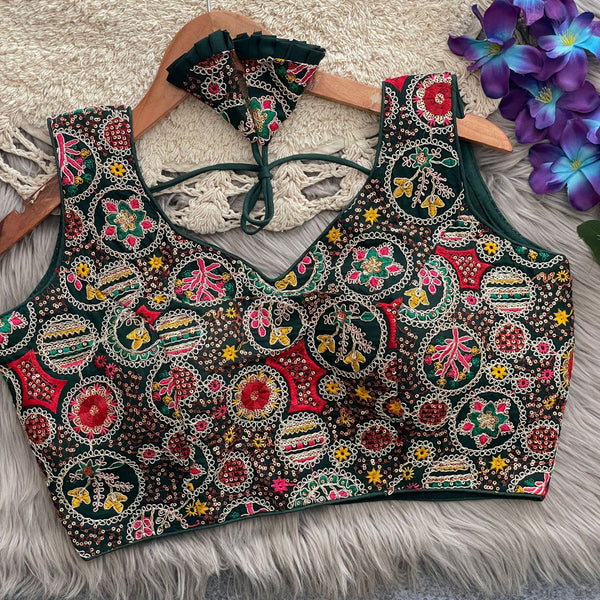 Green georgette fancy readymade blouse with embroidery and sequence work