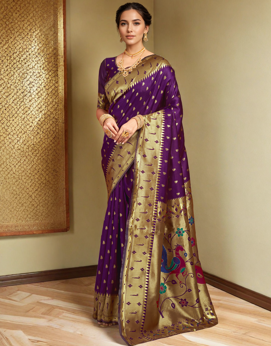 Traditional wine paithani silk saree with zari weaving work
