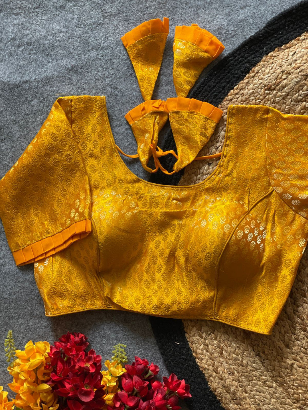 Mustard yellow katan banarasi readymade blouse with zari weaving work