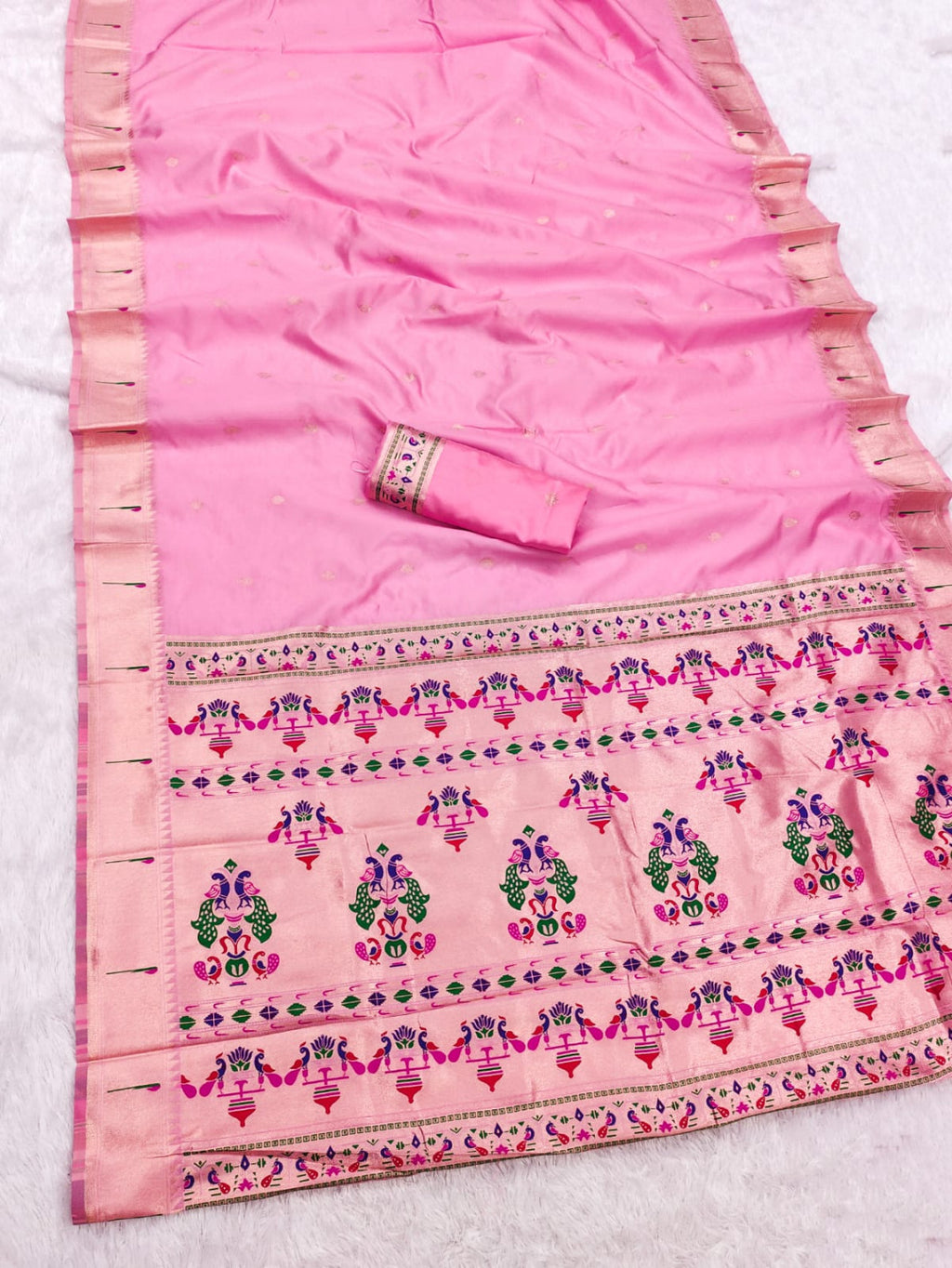 Pink lichi silk paithani saree with copper zari weaving work