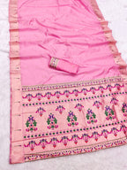 Pink lichi silk paithani saree with copper zari weaving work