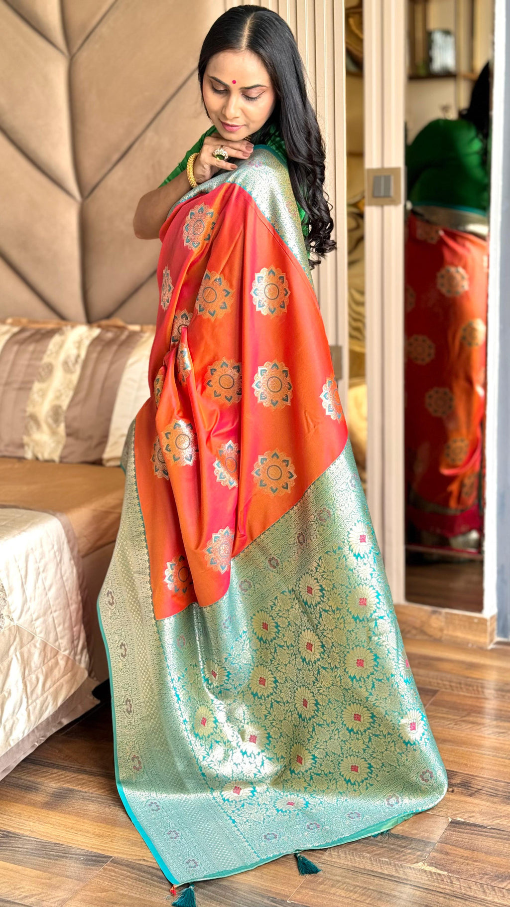 Peach luxurious banarasi silk saree with zari weaving work
