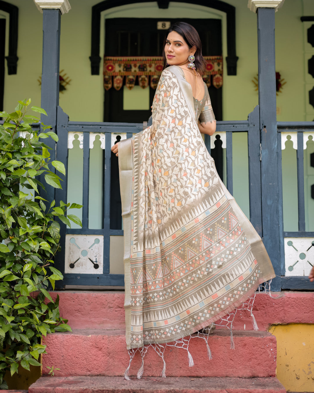Beige summer special digital printed linen cotton saree