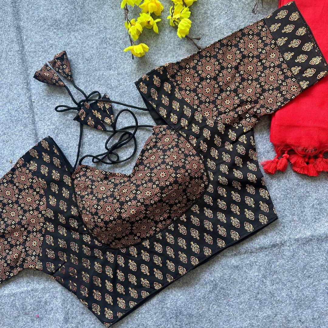 Black colour ajarakh printed cotton readymade blouse