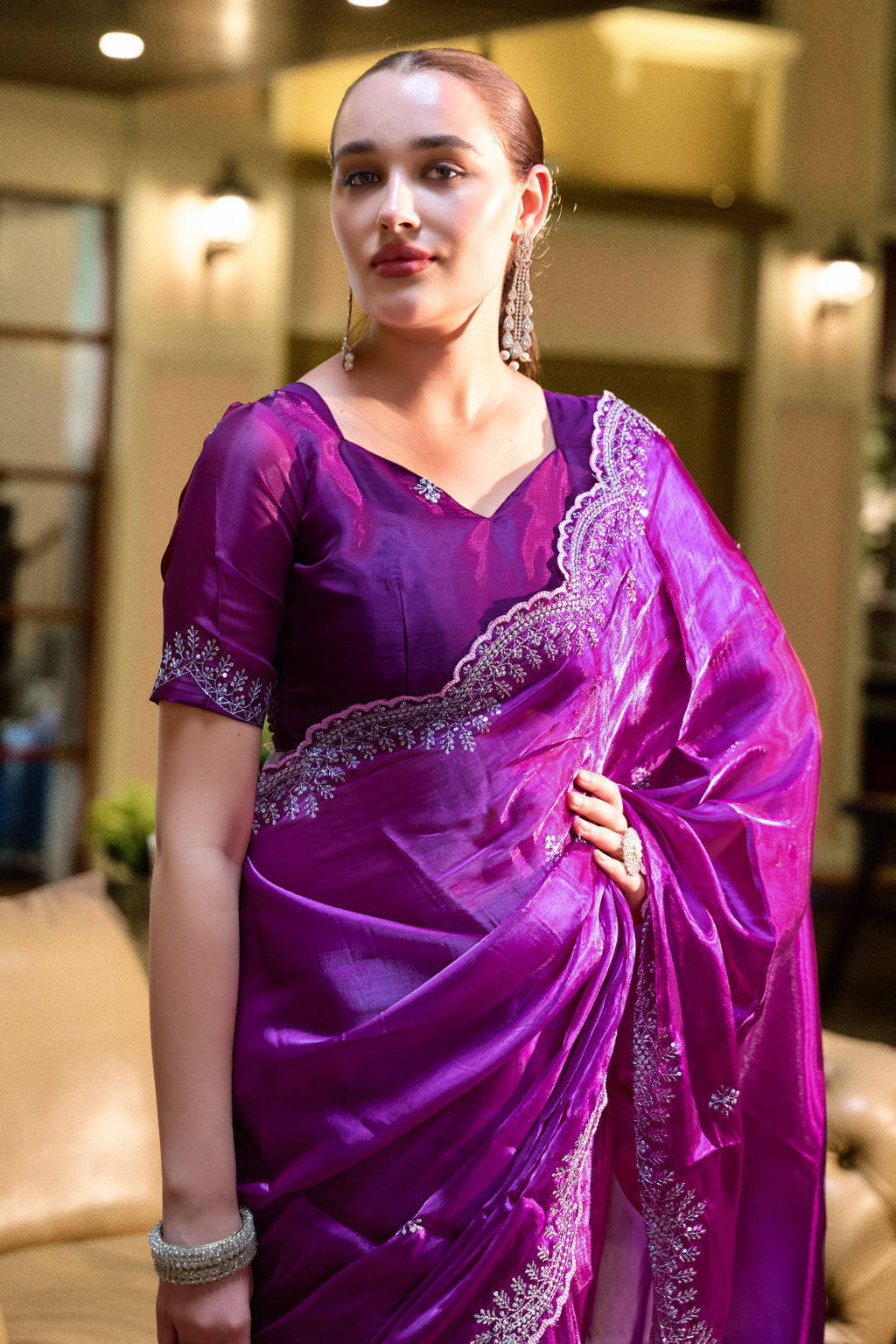 Magenta fancy shimmer chiffon saree with embroidery work