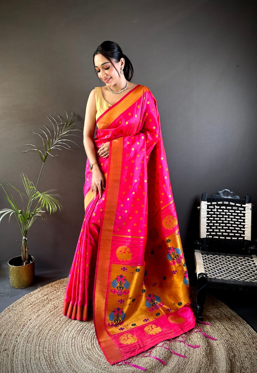 Pink traditional paithani silk saree with zari weaving work