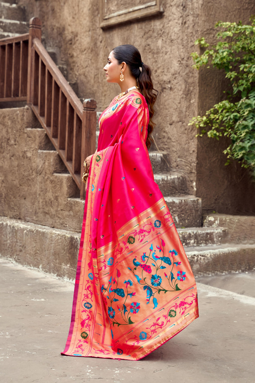 Traditional pink paithani silk saree with zari weaving work