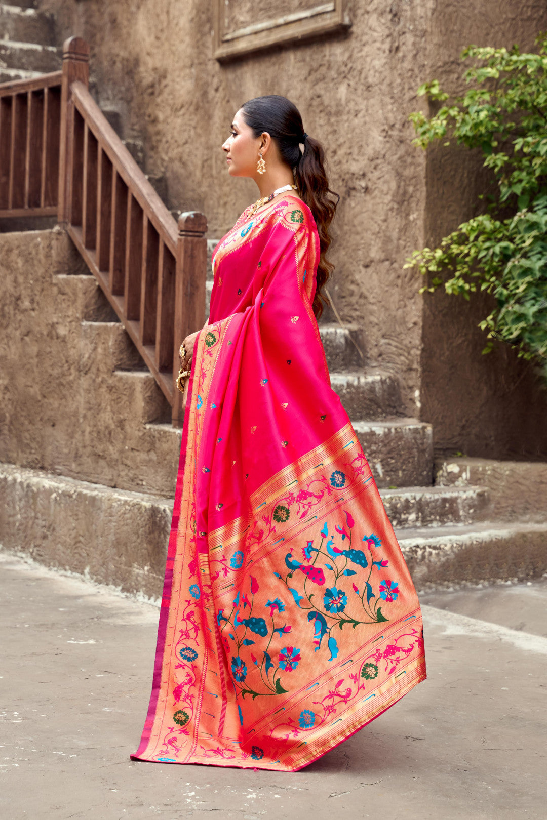 Traditional pink paithani silk saree with zari weaving work