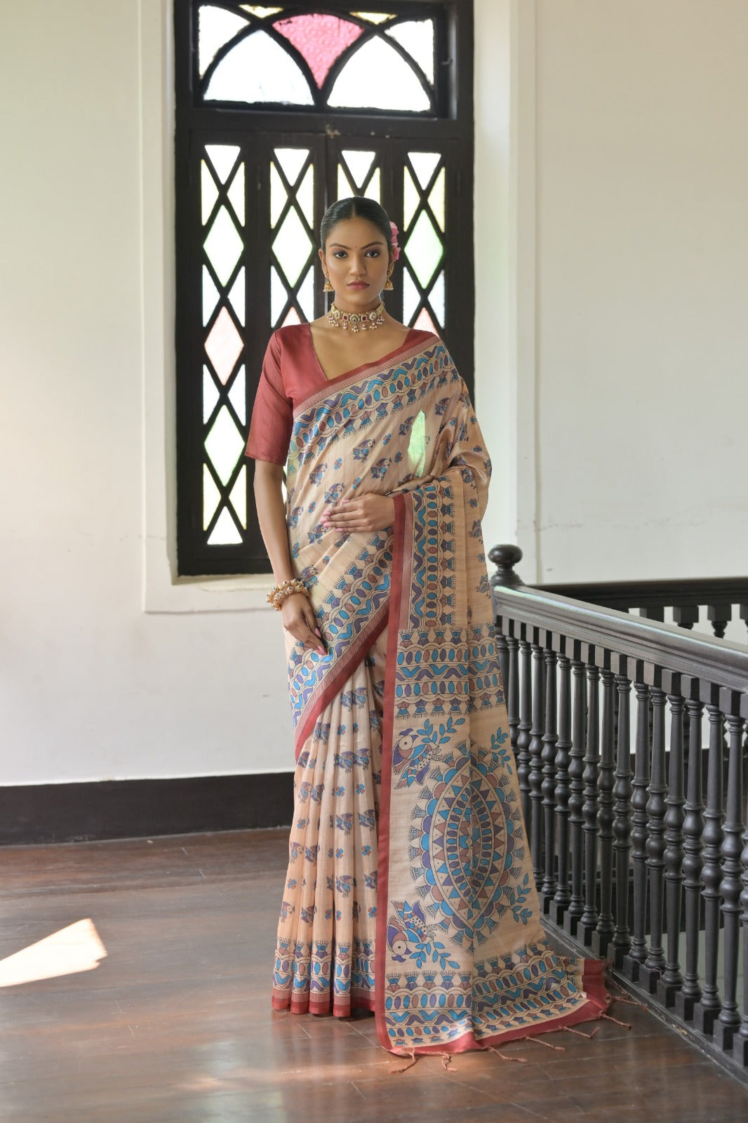 Beige color madhubani printed tussar silk saree