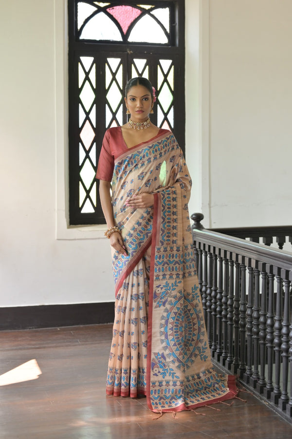 Beige color madhubani printed tussar silk saree