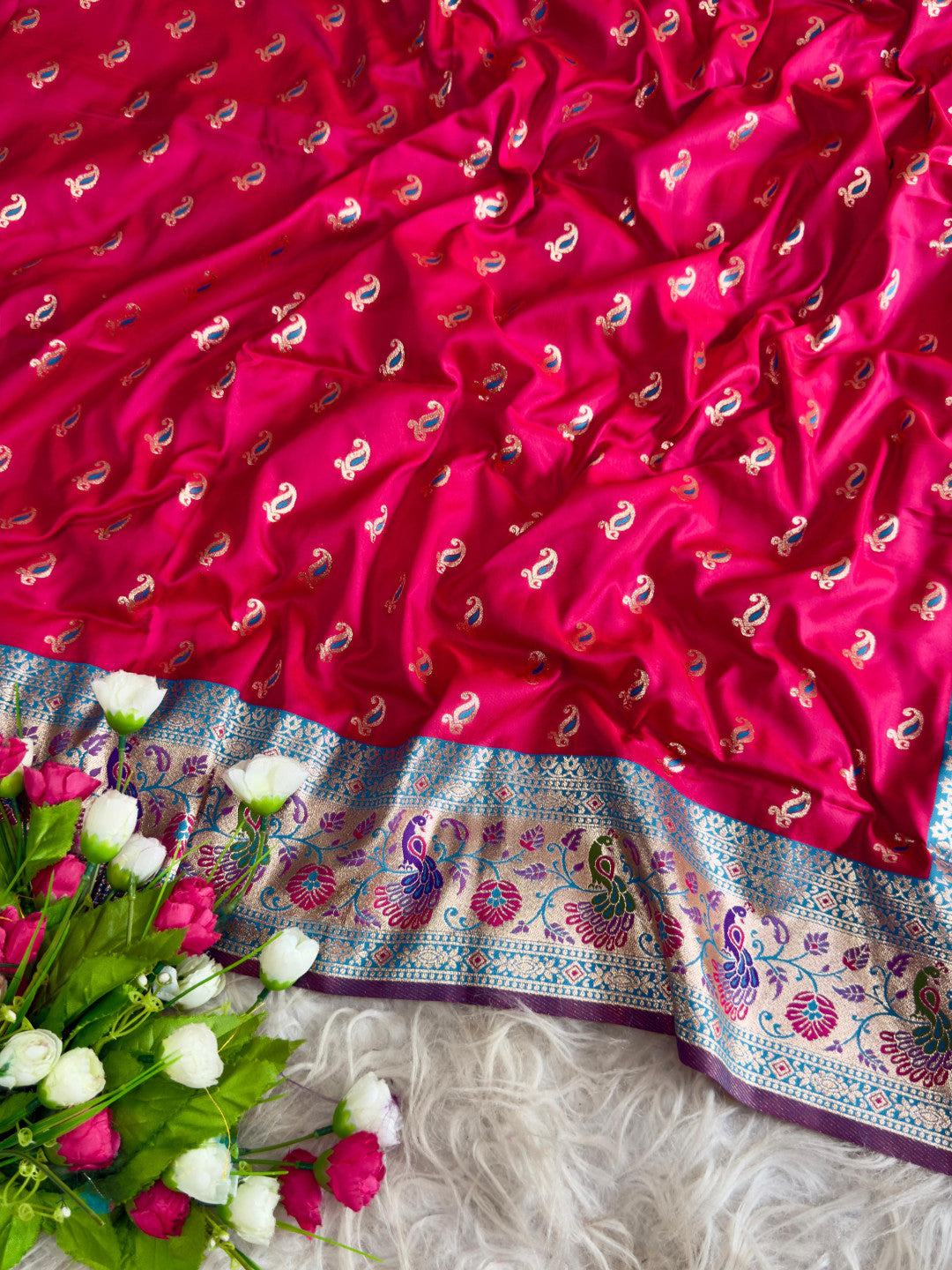 Rani pink traditional paithani silk saree with peacock zari weaving work