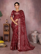 Maroon colour hand bandhej bandhani saree with zari weaving work