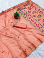 Peach lichi silk paithani saree with copper zari weaving work
