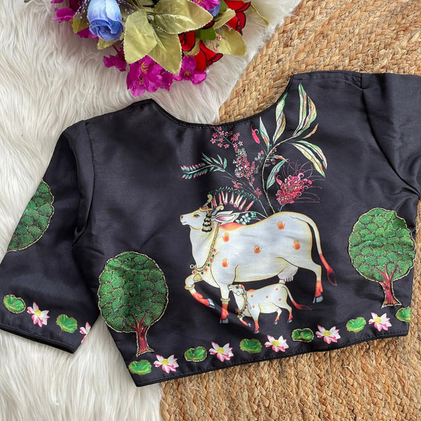Black silk readymade blouse with pichwai printed work