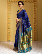 Traditional navy blue chand design paithani silk saree with zari weaving work