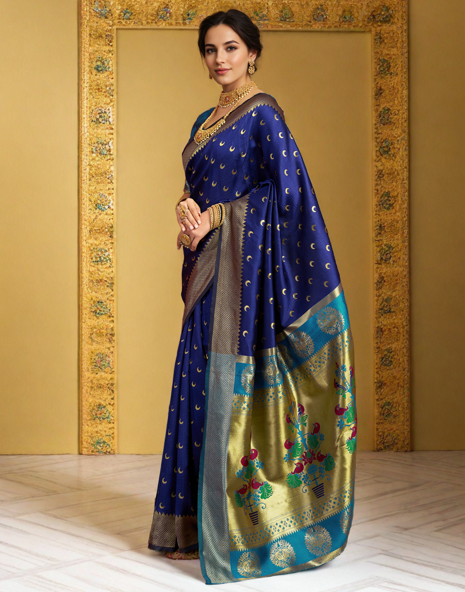 Traditional navy blue chand design paithani silk saree with zari weaving work
