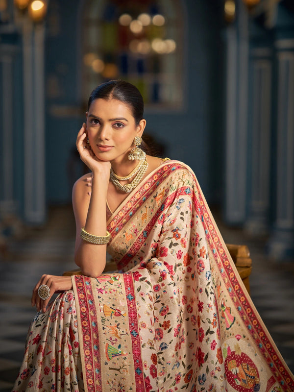Beige exclusive pure pashmina silk saree with woven design