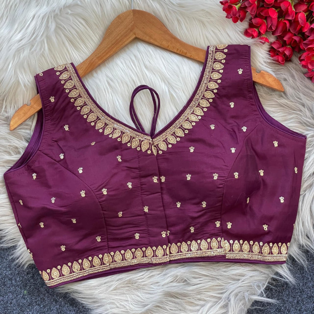 Magenta sequence and embroidery roman silk readymade blouse