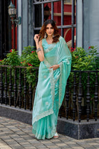 Sea green fancy shimmer chiffon saree with embroidery work