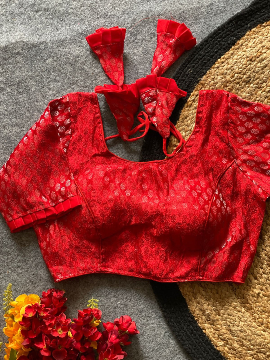 Red katan banarasi readymade blouse with zari weaving work