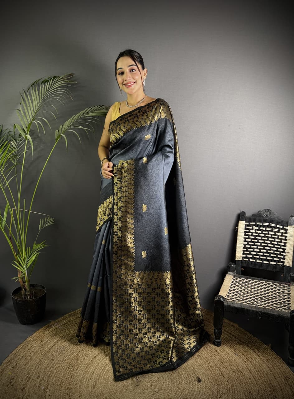 Gray color banarasi silk saree with zari weaving work