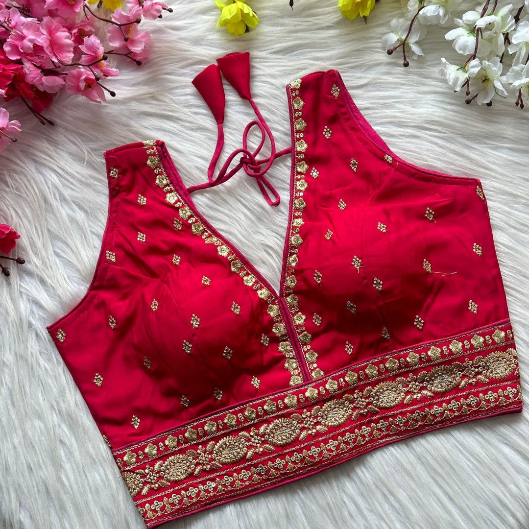 Pink heavy roman silk readymade blouse with embroidery and sequence work