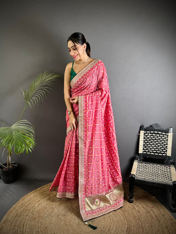 Baby pink traditional blooming vichitra khadi bandhej silk saree with sequence work