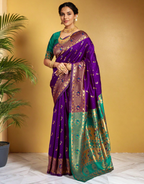 Traditional purple paithani silk saree with zari weaving work